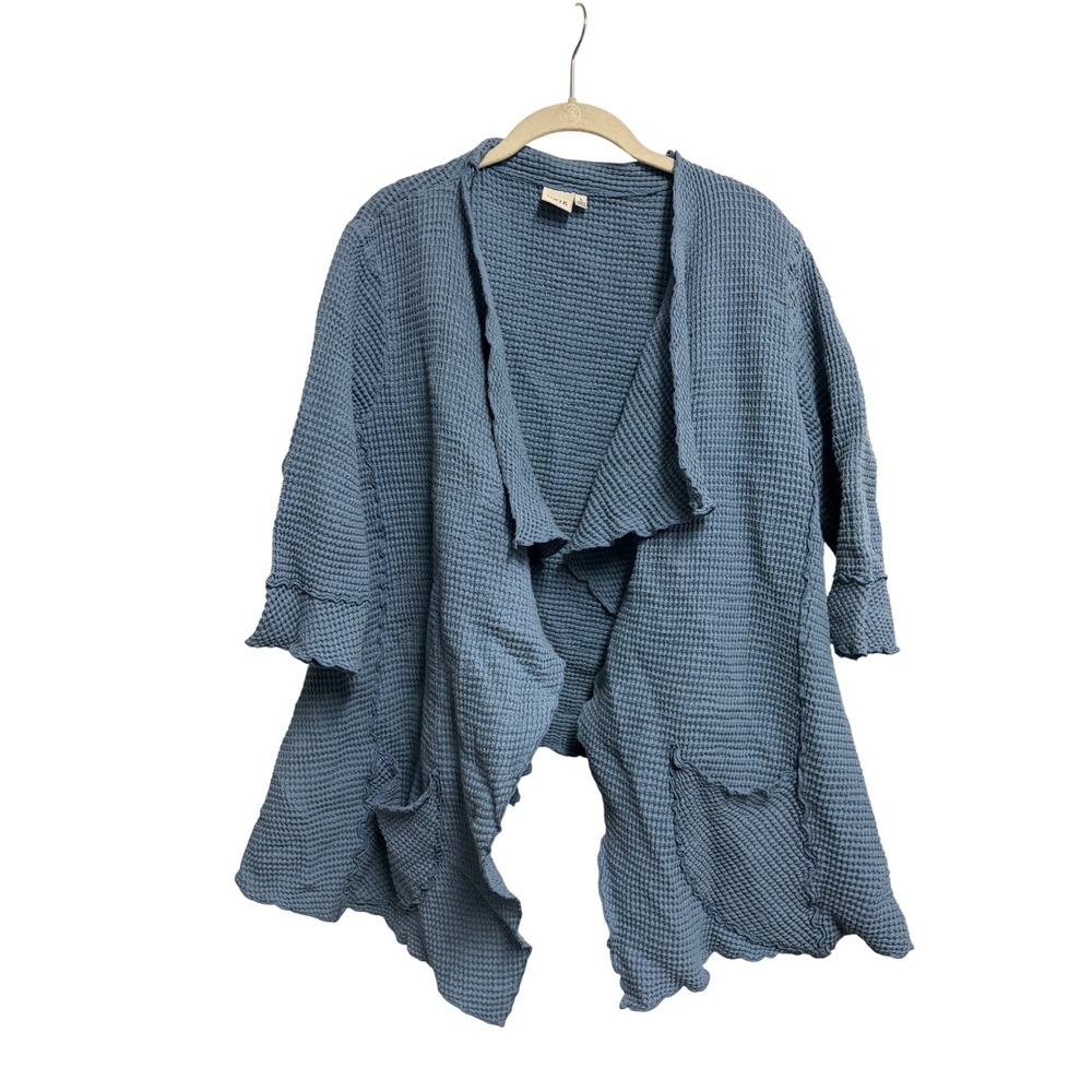Focus Lagenlook Blue Waffle Knit Drape Open Front 100% Cotton Cardigan L‎